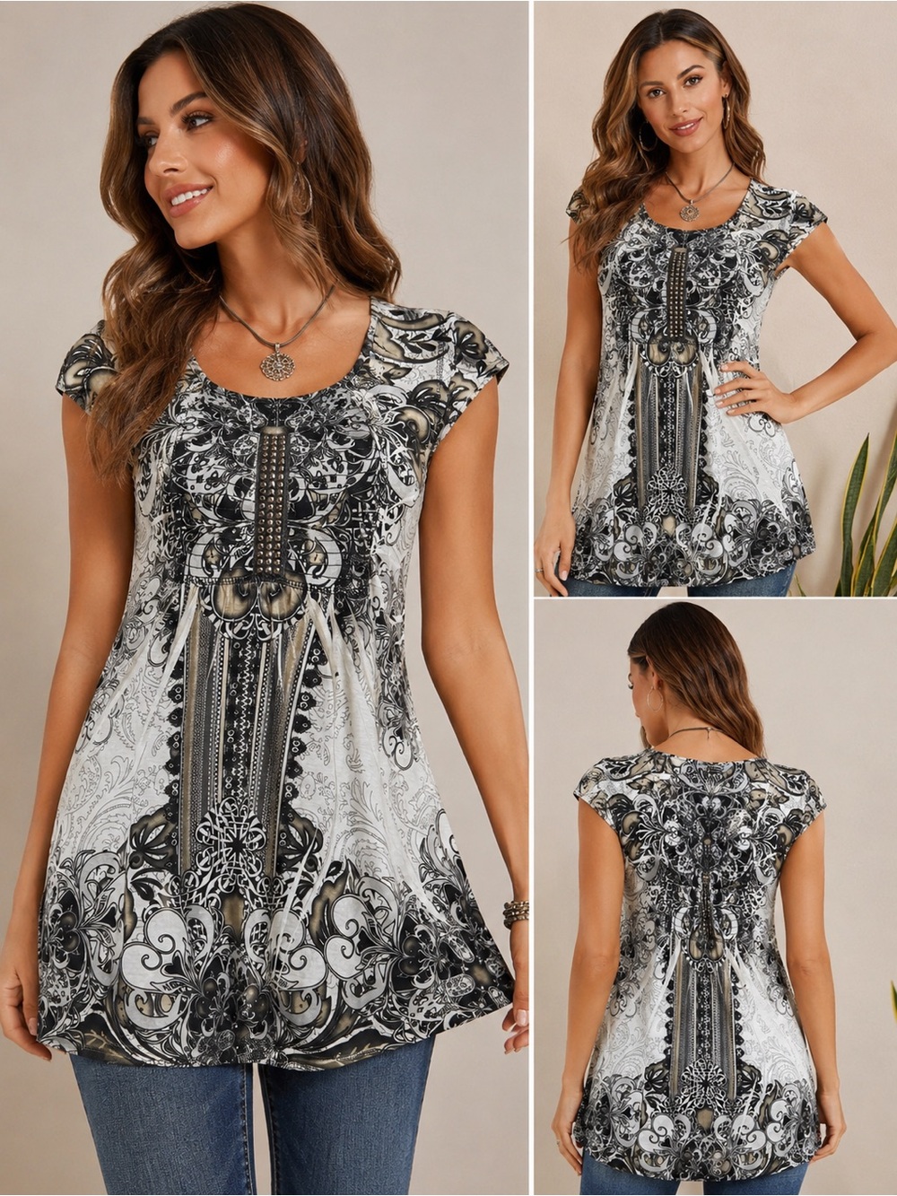 Unity World Wear Embellished Graphic Tunic Top Black White Boho Y2K